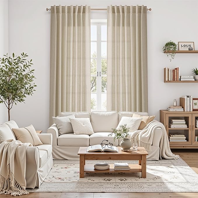 Eggshell Beige Linen Curtains 80 Inch Length for Living Room Light Filtering Semi Sheer Curtain Back Tab Rustic Farmhouse Decor Burlap Luxury Boho Drapes for Bedroom Dinner Room 52x80, 2 Panels
