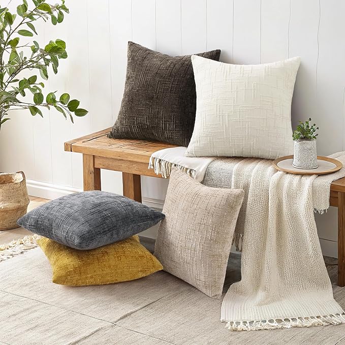 decorUhome Summer Cream White Chenille Throw Pillow Covers 16x16 Set of 2 Textured Soft Cozy Slubby Couch Pillow Covers Modern Farmhouse Boho Decorative Pillow Cases for Bed Sofa Living Room