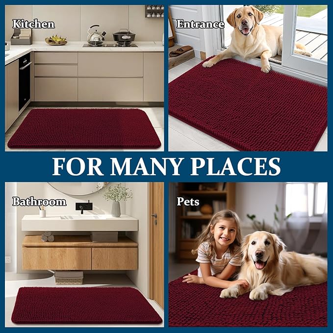 OLANLY Dog Door Mat for Muddy Paws 59x20, Absorbs Moisture and Dirt, Absorbent Non-Slip Washable Doormat, Quick Dry Chenille Mud Mat for Dogs, Entry Indoor Entryway Carpet for Inside Floor, Burgundy