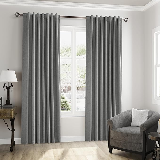 Guken 100% Blackout Linen Curtains 84 Inch Length 2 Panels Set for Living Room Bedroom Back Tab Thermal Insulated Black Out Linen Drapes Room Darkening Window Curtains 84 Inches Long,Dark Grey