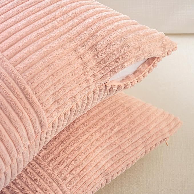 Fancy Homi 2 Packs Peach Long Lumbar Decorative Throw Pillow Covers 16x24 Inch for Couch Bed Sofa, Rustic Farmhouse Boho Home Decor, Soft Striped Corduroy Rectangle Accent Cushion Case 40x60 cm