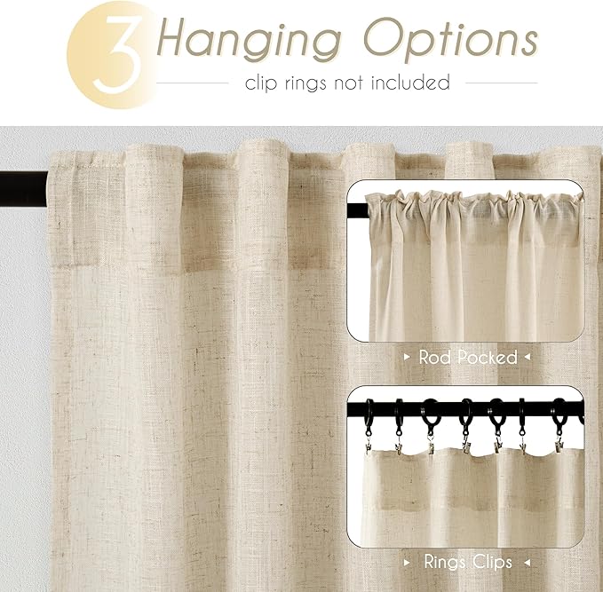 Faux Linen Beige Curtains 105 inches Long for Living Room Rustic Farmhouse Linen Drapes Semi Sheer Burlap Textured Canvas Cloth Curtain Panels Set of 2 Kahki Tan Colored