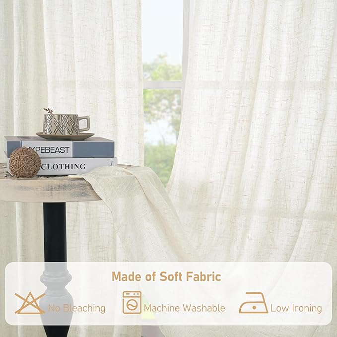 LAMIT 68 inch Length Linen Curtains for Living Room 2 Panels, Linen Textured Light Filtering Semi Sheer Back Tab and Rod Pocket Window Curtain Panels for Bedroom/Farmhouse, Cream, 52 x 68 Inch