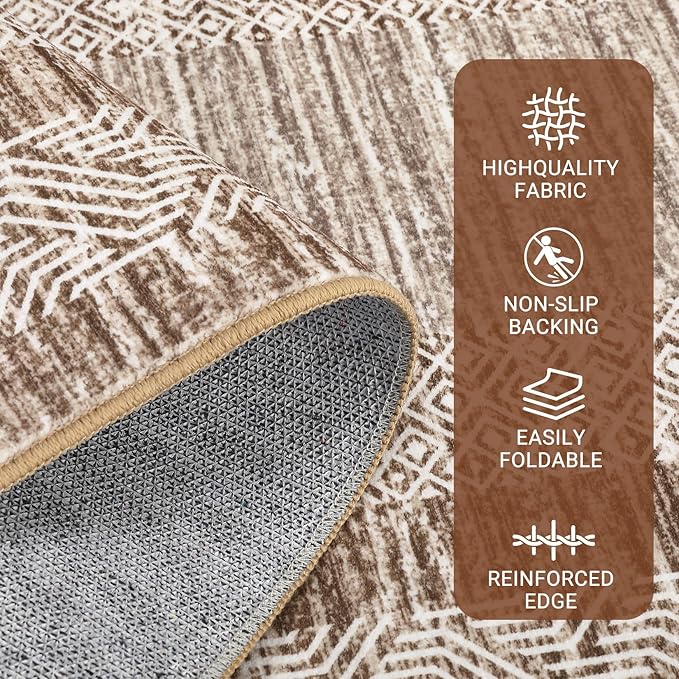 GarveeHome Modern Geometric Area Rug 2x3 Distressed Bordered Washable Non Slip Floor Small Carpet Non Shedding Thin Soft Low Pile Rug, Contemporary Brown Rug for Dining Room, Living Room