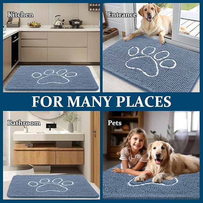 OLANLY Dog Door Mat for Muddy Paws 35x24, Paw Print Design, Absorbs Moisture and Dirt, Non-Slip Washable Doormat, Quick Dry Chenille Mud Mat, Entry Indoor Entryway Carpet, Airy Blue and White