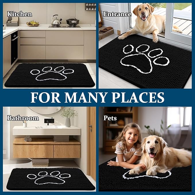 OLANLY Dog Door Mat for Muddy Paws 30x20, Paw Print Design, Absorbs Moisture and Dirt, Absorbent Non-Slip Washable Doormat, Quick Dry Chenille Mud Mat for Dogs, Entry Indoor Entryway Carpet, Black