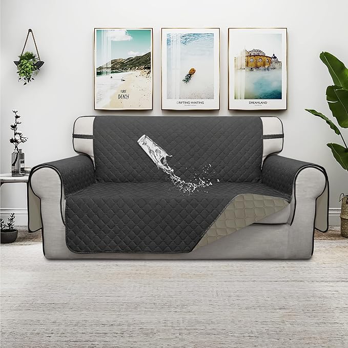 ISSUNTEX Double Protection 100% Waterproof Loveseat Sofa Covers for Living Room, Couch Covers for 2 Cushion Couch Sofa, Reversible Furniture Protector Sofa Cover for Dogs (Loveseat, Dark Gray/Beige)