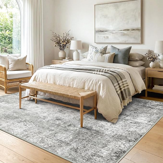 Washable Area Rugs 9'x12' Non-Slip Modern Abstract Soft for Living Room Entryway Bedroom Nursery, Print Pattern, Gray White Grey