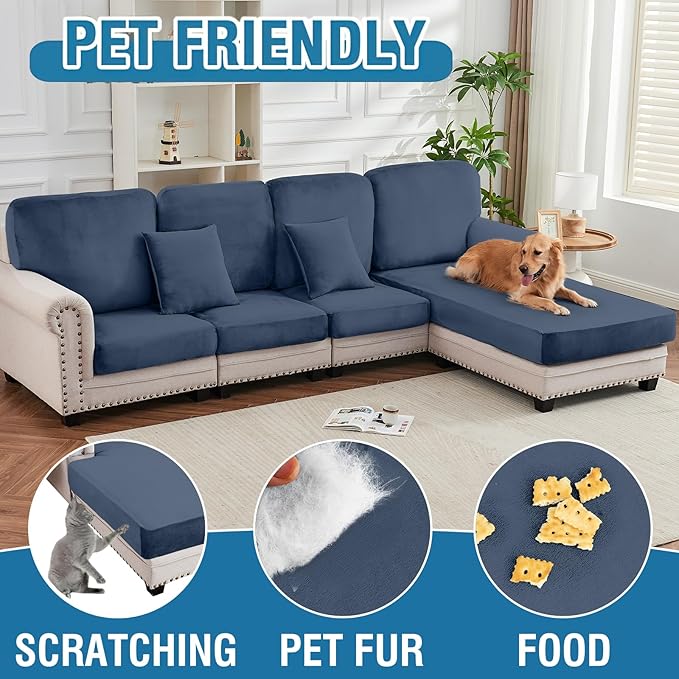 Couch Cover Stretch Velvet Sofa Cushion Cover 2-Piece - Elastic Washable Slipcover for Seat or Backrest, Couch Seat Covers for Sofas (Berlin Blue)
