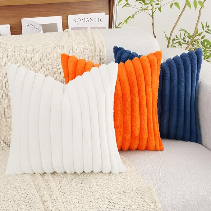 decorUhome Summer Cozy Faux Fur Throw Pillow Covers 26x26 Set of 2 Decorative Soft Plush Striped Modern Farmhouse Boho Couch Euro Sham Pillow Cases with Velvet Back for Sofa Bed Living Room, White