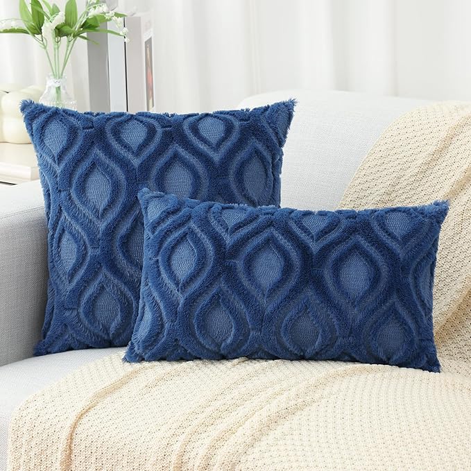 decorUhome Throw Pillow Covers 16x16 Inch Set of 2, Soft Plush Faux Wool Dark Blue Solid Couch Pillow Covers, Accent Farmhouse Neutral Square Pillow Cases for Sofa Bed Living Room