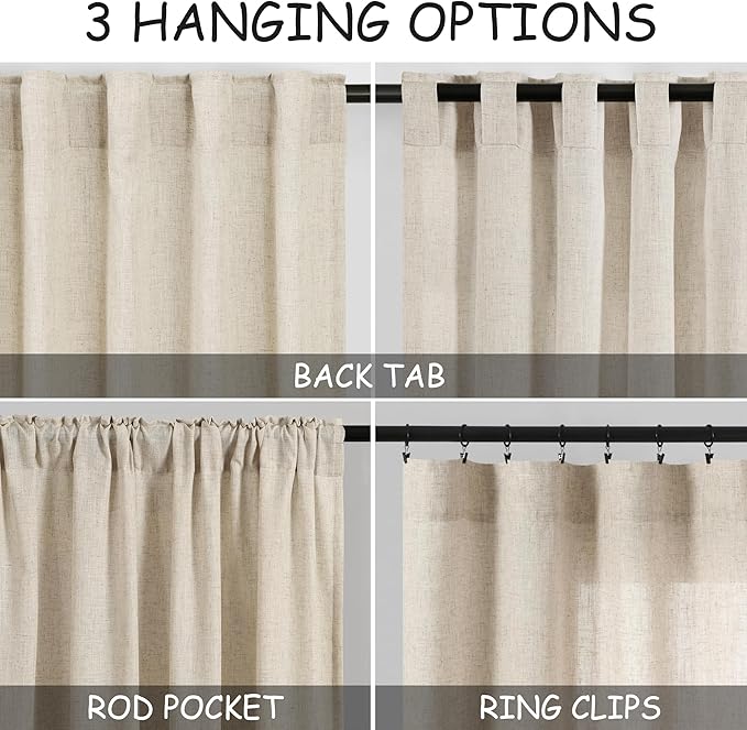 Nanspring Beige Semi Sheer Linen Curtains 72 inch Length for Living Room Back Tab Rod Pocket Modern Farmhouse Coastal Decor Beige Cotton Textured Gauze Curtains for Dining Room Office 38x72