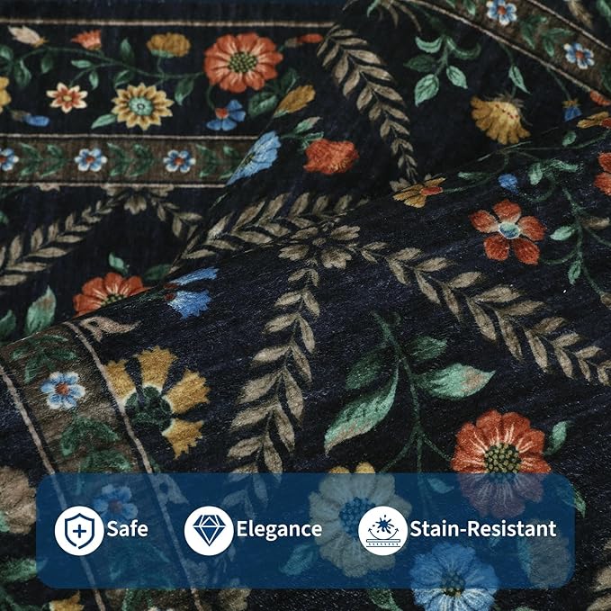 Washable Kitchen Rugs Non Slip 2x6 Hallway Runner Rug Stain Resistant Low Pile Floral Floor Rug with Rubber Backing Non Shedding Runners for Indoor Entryway Bedside Bedroom Farmhouse RV Navy&Black