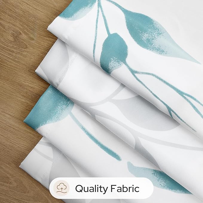 HOMEIDEAS Non-See-Through Teal and White Privacy Sheer Curtains 52 X 84 Inch Length 2 Panels, Leaf Floral Printed Light Filtering Semi Sheer Window Curtains Drapes for Bedroom Living Room