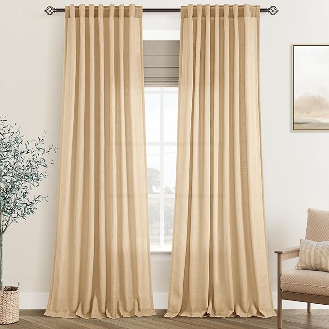 Tan Linen Curtains 120 inches Long for Living Room Back Tab Rustic Farmhouse Semi Sheer Light Filtering Window Curtain Dining Room Soft Thick Flax Linen Textured Drapes Kahki 52x120