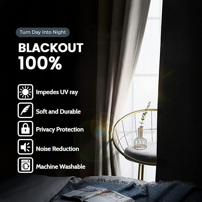 SimpleHome 100% Blackout Curtains for Bedroom,Thermal Insulated Natural Grommet Window Drapes Room Darkening Curtains for Living Room with Black Back,42 x 84 Inch,2 Panels