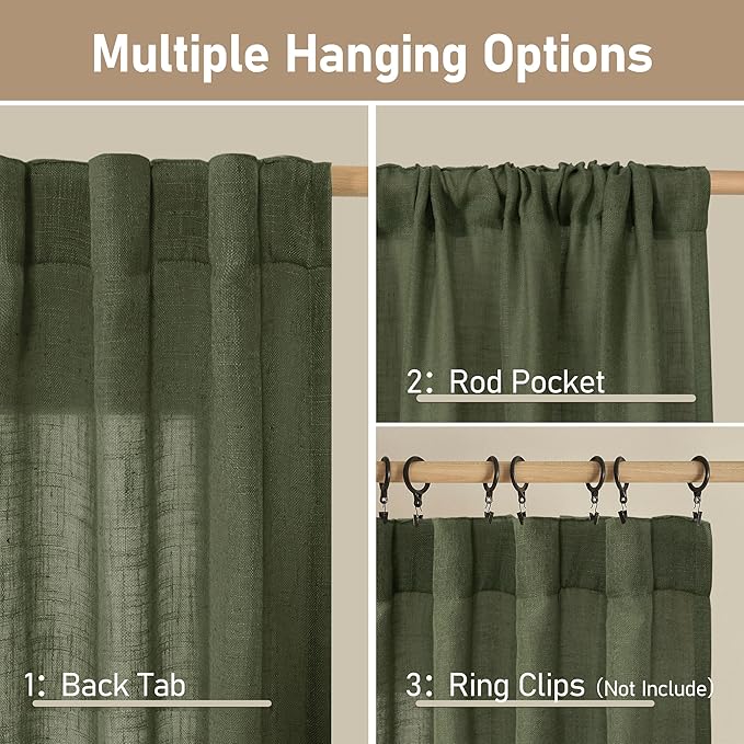 LAMIT Olive Green Linen Semi Sheer Curtains 63 Inch for Bedroom, Light Filtering Christmas Window Curtains Farmhouse Boho Back Tab and Rod Pocket Panels, 2 Panels, 38 x 63 Inch