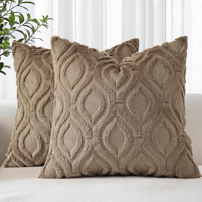 decorUhome Throw Pillow Covers 26x26 Inch Set of 2, Soft Plush Faux Wool Light Brown Solid Couch Pillow Covers, Accent Euro Sham Farmhouse Neutral Square Pillow Cases for Sofa Bed Living Room