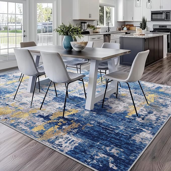 Washable Area Rugs Square 10ft Non-Slip Modern Abstract Soft for Living Room Entryway Bedroom Nursery, Print Pattern, Grey Blue Gold/Golden