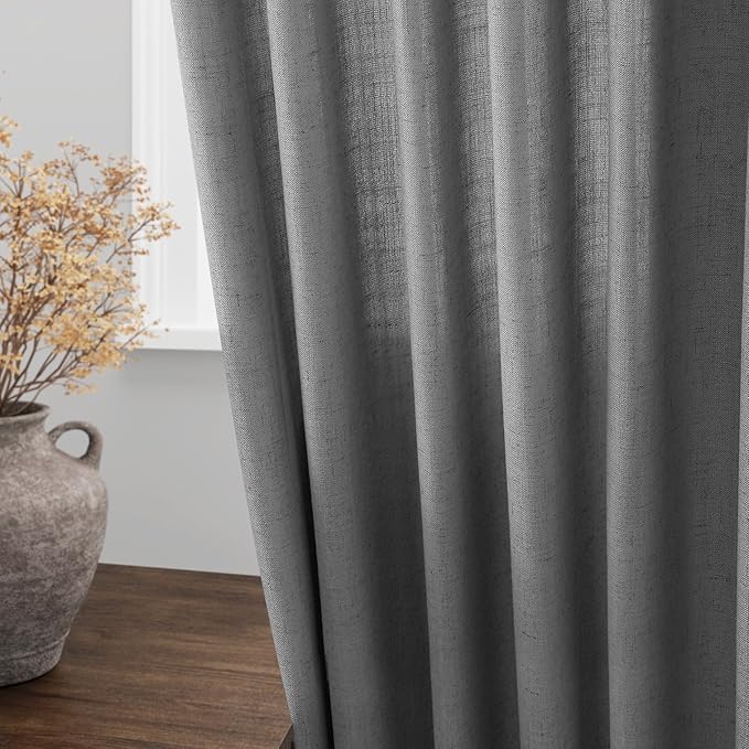 Nanspring Dark Grey Linen Curtains 80 Inches Long for Bedroom Rod Pocket Back Tab Light Filtering Semi Sheer Curtain Farmhouse Decor Linen Textured Drapes for Living Room 2 Panels Set 52x80