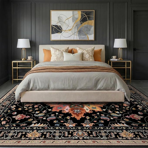 Area Rugs 8'x10' Washable Non-Slip, Floral Vintage Distress Print Pattern Medallion Carpet for Living Room Bedroom Dining Room, Black Colorful Floral Dark Tan
