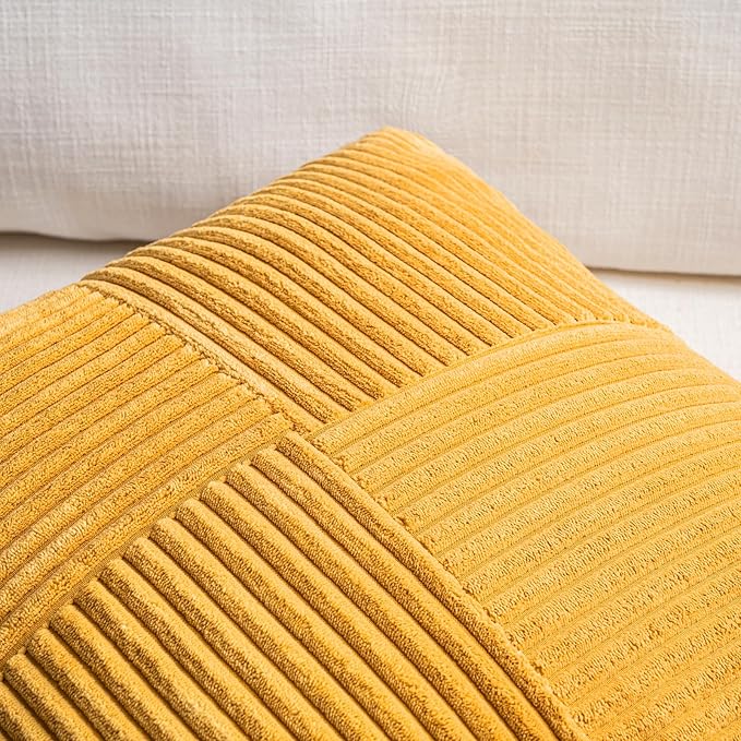 Fancy Homi 2 Packs Gold Yellow Big Decorative Throw Pillow Covers 24x24 Inch for Couch Bed Sofa, Rustic Farmhouse Boho Home Decor, Soft Corss Corduroy Patchwork Accent Square Cushion Case 60x60 cm