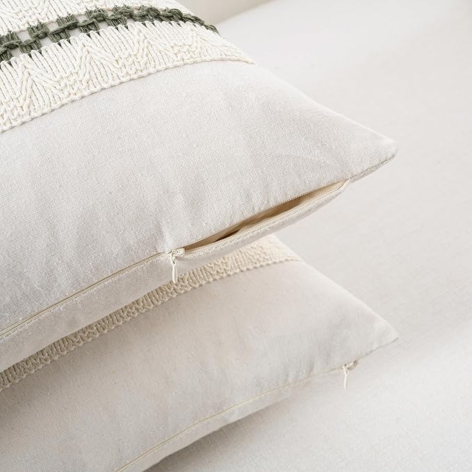 Fancy Homi Set of 1 Boho Olive Green Decorative Throw Pillow Cover 20x20 Inch for Couch Bed Sofa, Aesthetic Modern Organic Farmhouse Home Decor, Soft Cotton Cute Accent Macrame Woven Cushion Case