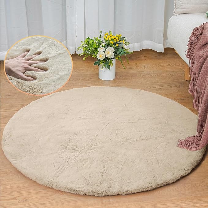 ORINOVA Camel Washable Shag Area Rugs for Living Room Small Plush Faux Bunny Shaggy Fur Round Rugs 4ft Cute Room Nursery Rug
