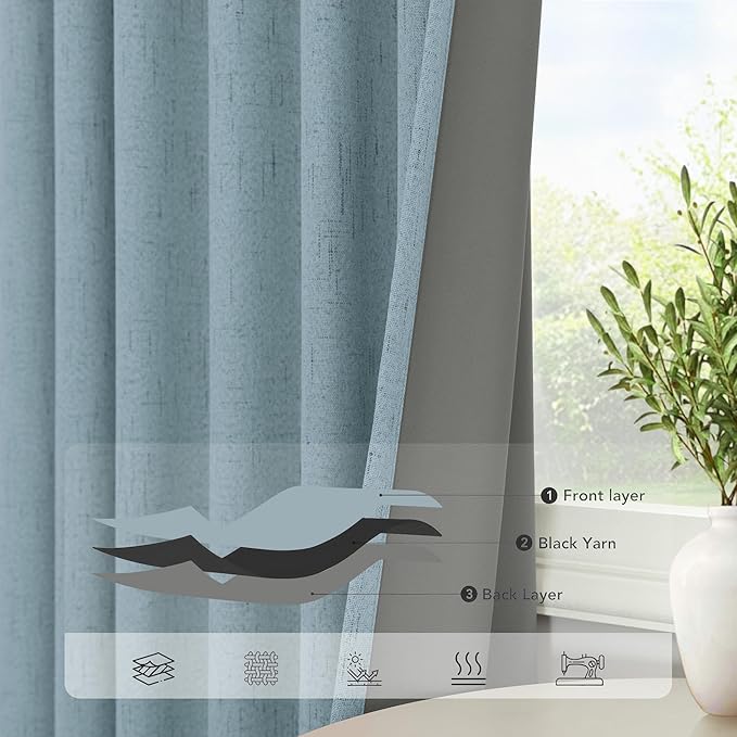 Dusty Blue Blackout Curtains for Living Room 84 Inch Length 2 Panel Farmhouse Linen Textured Thermal Darkening Blocking Light Blue Curtain Drapes for Bedroom Grayish Blue Grey 52x84 Long Back Tab