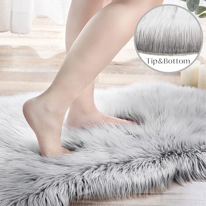 Ashler faux fur rug, Fluffy Shaggy Area Rug Ultra Soft 2 x 3 Feet Sheepskin Fur Rug, Frosted Bottom Gray Fuzzy Rug Machine Washable Shag Rug, Nursery Decor Throw Rugs for Bedroom, Living Room