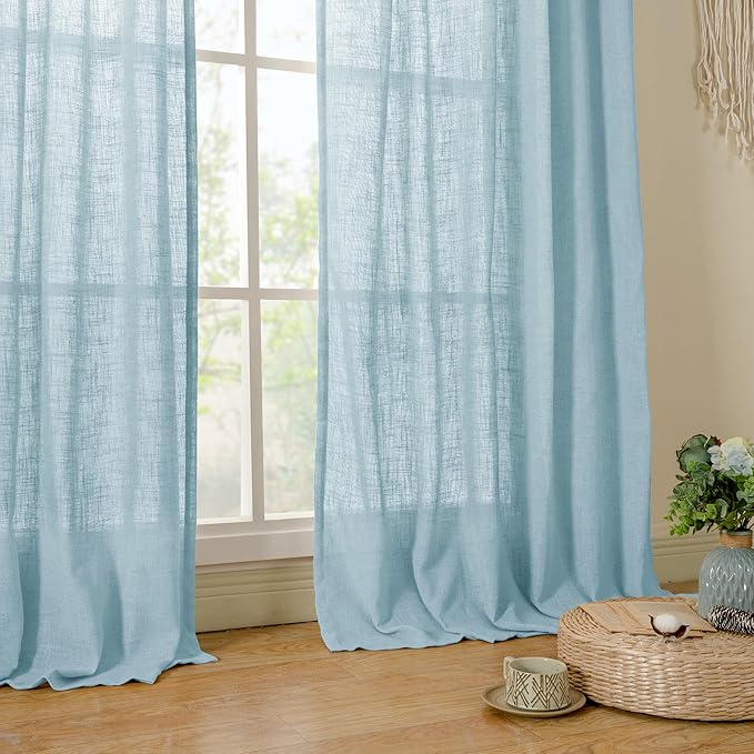 LAMIT Semi Sheer Linen Curtains 45 Inches Long, Light Filtering Panels Back Tab and Rod Pocket Country Decor Drapes for Farmhouse/Window/Bedroom, Stone Blue, 2 Panels, 52 x 45 Inch