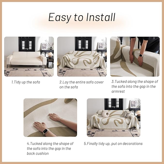 MYSKY HOME Couch Cover for 3 Cushion Sofa, Super Soft Boho Couch Covers for Dogs Washable, Jacquard Slipcover Furniture Protector for Living Room, 91" x 118", Khaki Curve