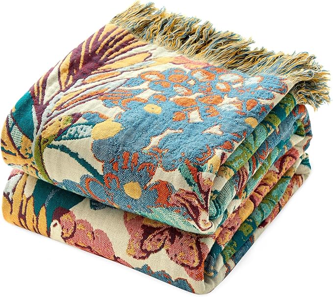 MSGKV Boho Throw Blanket for Couch 50"x60" 100% Cotton Vine Embroidery Blanket Bed Chair Sofa Blankets Muslin Spring Breathable All Seasons Lightweight Farmhouse Blankets Home Decor