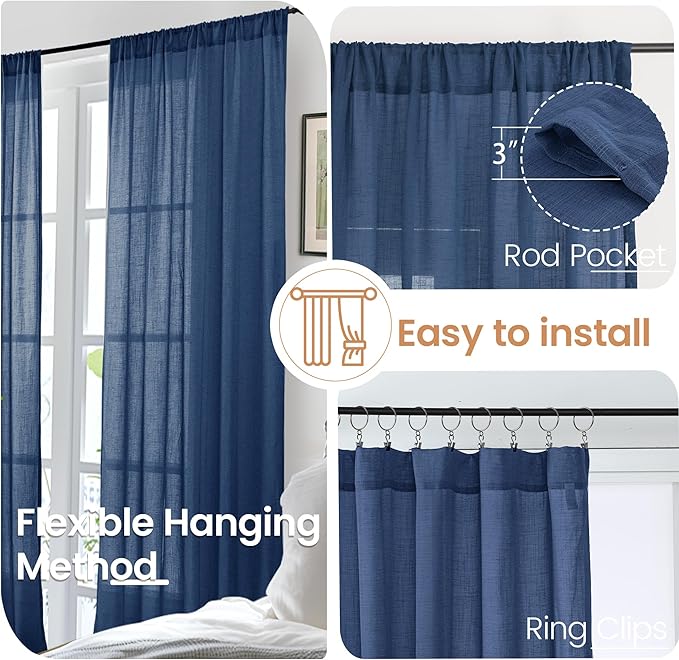 BGment Navy Blue Linen Curtains 63 Inch Length for Living Room, Semi Sheer Window Drapes Light Filtering Decor with Rod Pocket Lightweight for Dining Room Bedroom, 2 Panels Set, Each 52 Inch Wide