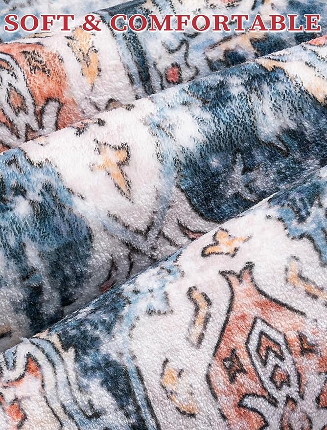 SERISSA Boho Washable Runner Rug, 2x6 Rug Non-Slip Vintage Blue Orange Hallway Kitchen Runner Rug Ultra Soft Print Distressed Tribal Floor Carpet for Bedroom Bathroom Laundry Room