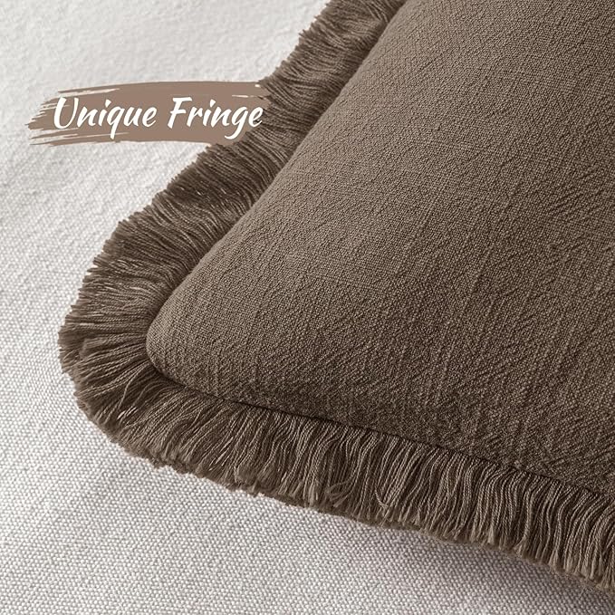 MIULEE Decorative Throw Pillow Covers Neutral Linen Fringe Throw Pillows Set of 2 Chocolate Brown Boho Farmhouse Cushion Covers with Tassels for Couch Sofa Bed Living Room Spring Decor 20x20 Inch