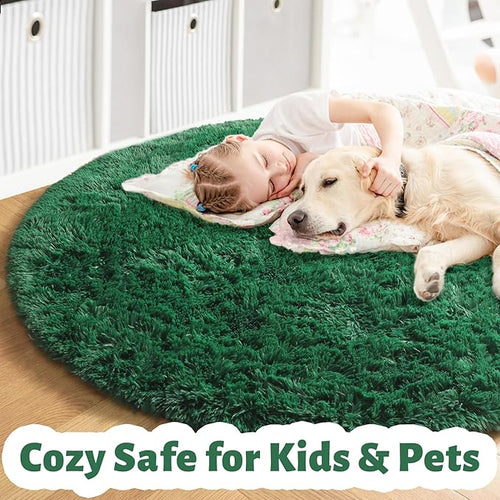 Amdrebio Dark Green Round Rug 6Ft for Living Room Bedroom, Fluffy Thick Floor Circle Area Rugs for Kids Room Decor, Furry Shag Rug for Baby Nursery, Teens Dorm, Fuzzy Plush Cool Emerald Green Carpet
