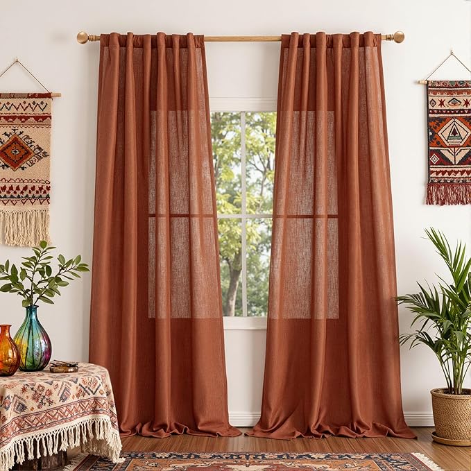 MYSKY HOME Living Room Curtains for Windows 108 Inch Long Light Filtering Sliding Door Semi Sheer Curtain Extra Long Floor Length Drapes Farmhouse Boho Privacy Back Tab, 50" Wide, Terracotta, Set of 2