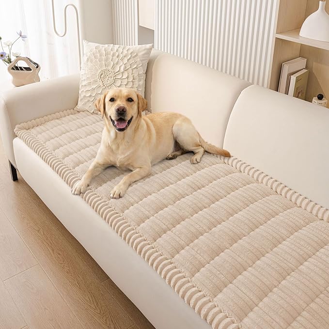 Smiry Couch Cover for Dogs Washable, Non Slip Fuzzy Pet Couch Covers for 3 Cushion Sofa Pet Friendly, Thick Soft Sofa Slipcovers Cushion Protector (Apricot, 27.6" x 47")