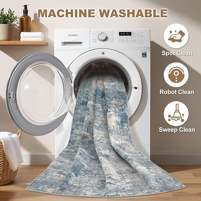 Nakagishi 7x9 Area Rugs Living Room: Washable Abstract Large Neutral Soft Rug Stain Resistant Modern Indoor Floor Non-Slip Carpet for Bedroom Nursery Kids Playroom Office Dining Room Dorm-Blue Brown
