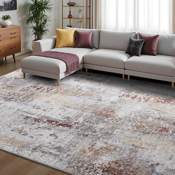 Toneed Abstract Area Rug Modern Washable Rug Soft Non Slip Rug Low Pile for Bedroom Living Room Dining Room Taupe Grey Brown 5x8 Feet