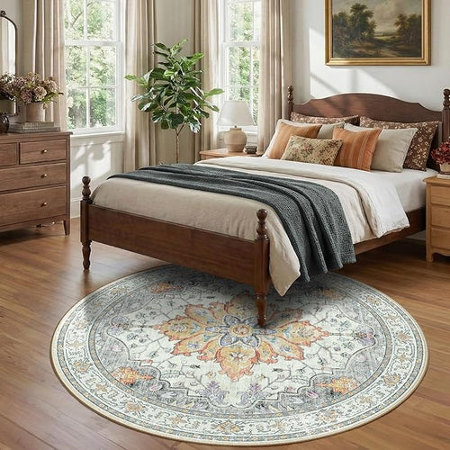 Area Rugs 7ft Washable Non-Slip, Floral Vintage Distress Print Pattern Medallion Carpet for Living Room Bedroom Dining Room, Light Yellow Carbon Grey Orange