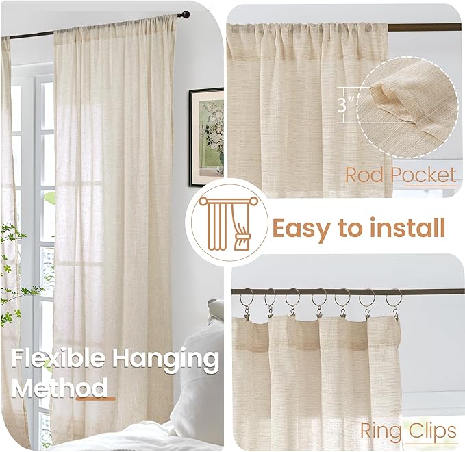 BGment Burlap Linen Farmhouse Kitchen Curtains 36 Inch Length - Half Drapes Light Filtering Semi Sheer with Rod Pocket for Bathroom Cafe Windows Lightweight, 2 Panels Set, 30 X 36 Inch