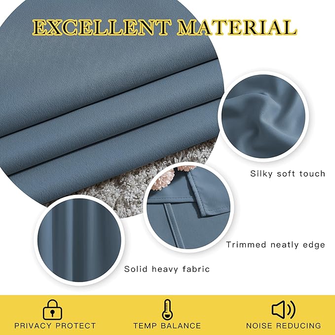 NICETOWN Smoky Blue Curtains 90 inch Length, Sound Reducing Thermal Insulated Grommet Room Darkening Window Treatments for Bedroom/Living Room, 2 Panels, W52 x L90, Smoky Blue