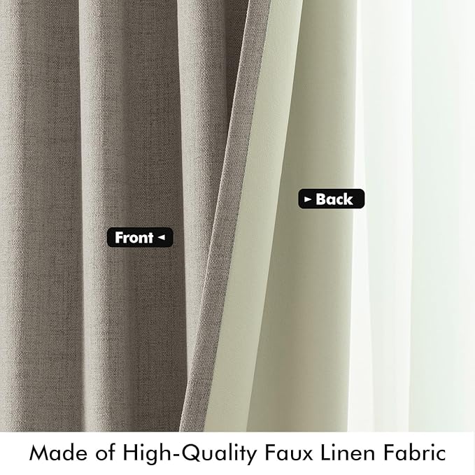 MIULEE 100% Blackout Linen Curtains for Bedroom,Greige Solid Luxury Decor Thermal Insulation Room Darkening Drapes for Living Room Nursery Back Tab Rod Pocket 42 x 108 Inches, 2 Panels