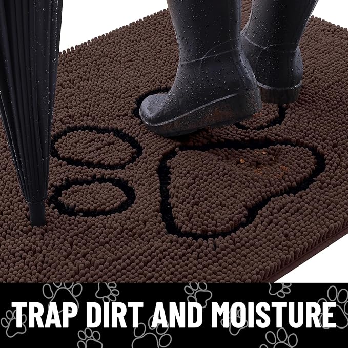 Smiry Dog Door Mat for Muddy Paws, Absorbent Dirt Trapper Non Slip Quick Dry Washable Chenille Mat for Mud Dogs, Entry Rug for Indoor and Outdoor (30x20 Inches, Brown and Black)