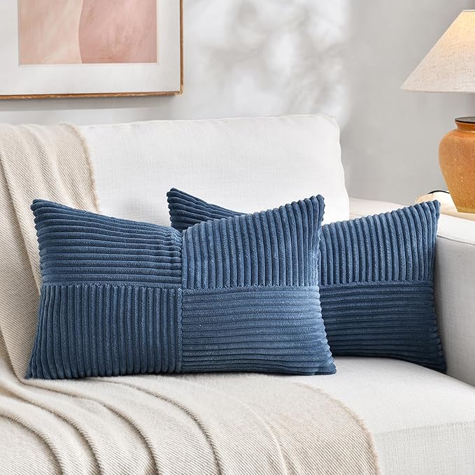 Fancy Homi 2 Packs Dusty Blue Lumbar Decorative Throw Pillow Covers 14x24 Inch for Couch Bed Sofa, Rustic Farmhouse Boho Home Decor, Soft Striped Corduroy Rectangle Accent Cushion Case 35x60 cm