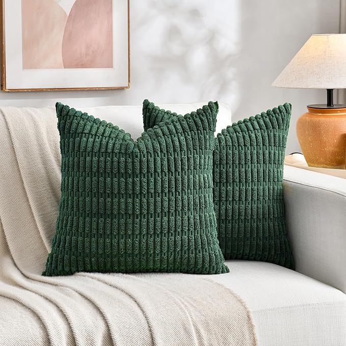 Fancy Homi 4 Packs Hunter Green Decorative Throw Pillow Covers 18x18 Inch for Couch Bed Sofa, Forest Green Boho Home Decor, Soft Plush Corduroy Cute Emerald Green Square Cushion Case 45x45 cm