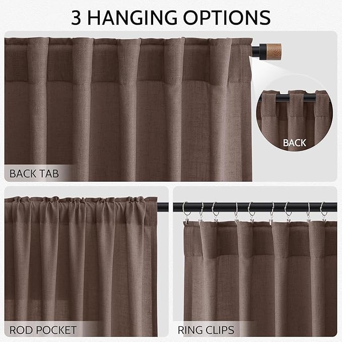 Cappuccino Linen Curtains 80 Inch Length for Living Room Light Filtering Semi Sheer Curtain Back Tab Rod Pocket Luxury Modern Rustic Home Decor Neutral Drapes for Bedroom Dinner Room 52x80, 2 Panels