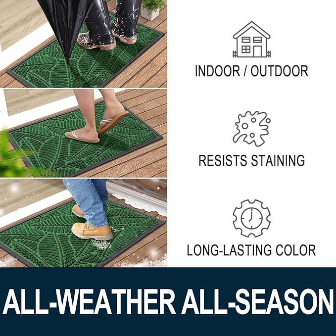 Colorxy Waterproof Doormat, Sturdy Natural Rubber Front Indoor Mat, Non Slip Low Profile Indoor Outdoor Door Mats, Stain and Fade Resistant Floor Mat, Easy Clean Patio Entrance Mat, 59''x23'', Green